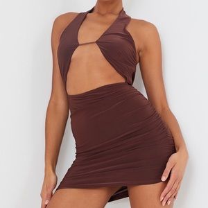 PRETTY LITTLE THING Chocolate Slinky Halterneck Bust Detail Bodycon Dress